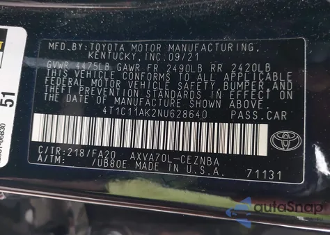 2022 Toyota Camry Le z USA, uszkodzony, nr VIN 4T1C11AK2NU628640